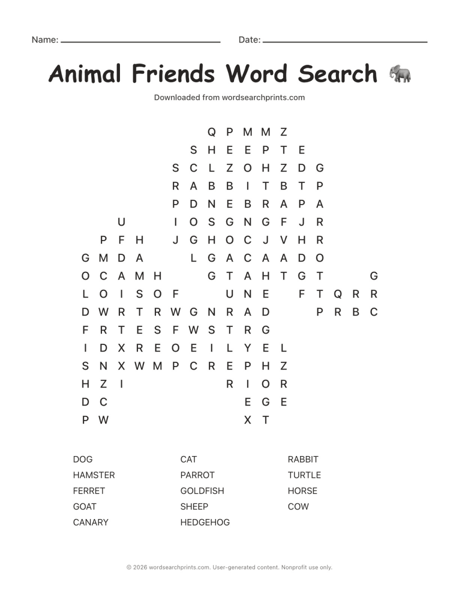 Animal Friends Word Search printable worksheet preview