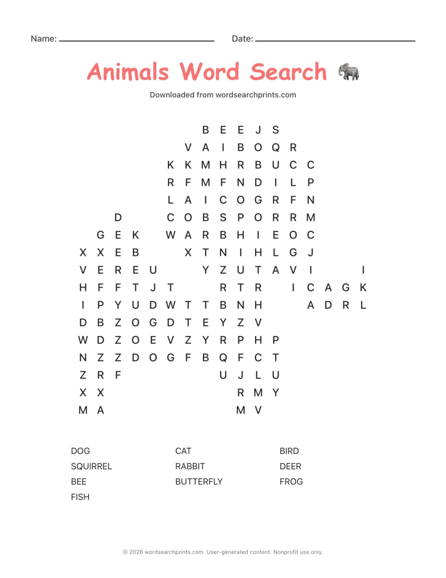 Animals Word Search printable worksheet preview