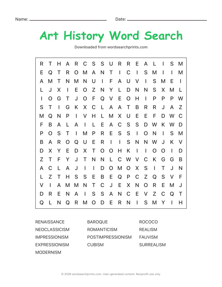Art History Word Search printable worksheet preview