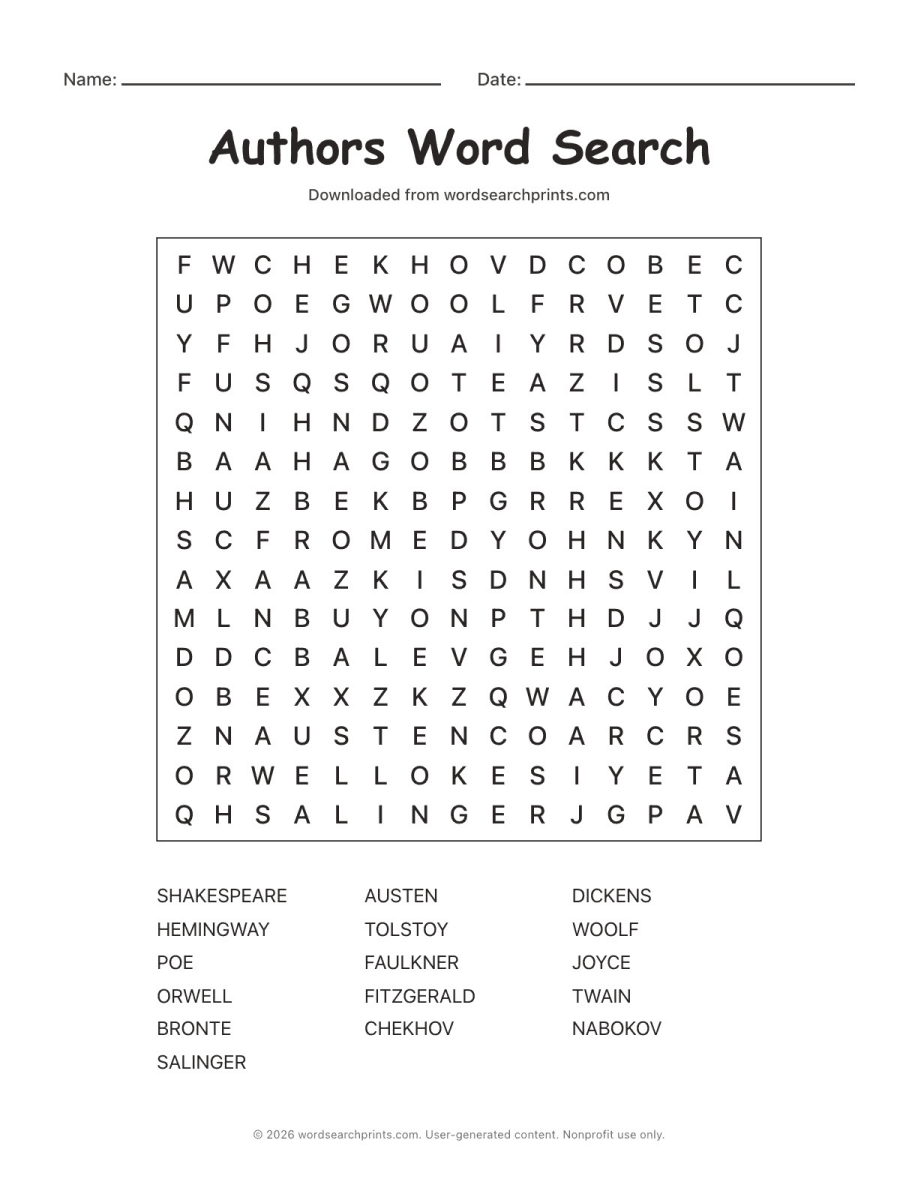Authors Word Search printable worksheet preview