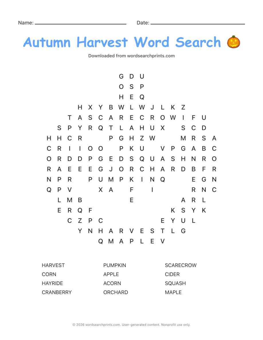 Autumn Harvest Word Search printable worksheet preview