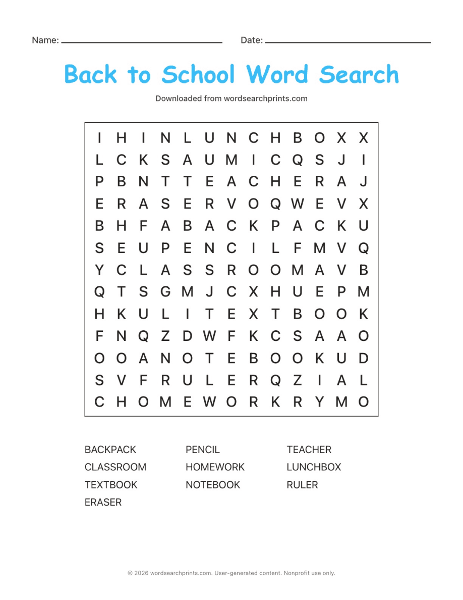 Back to School Word Search printable worksheet preview