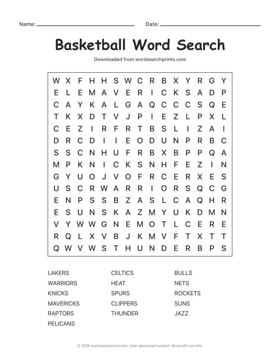 Basketball Word Search printable worksheet preview