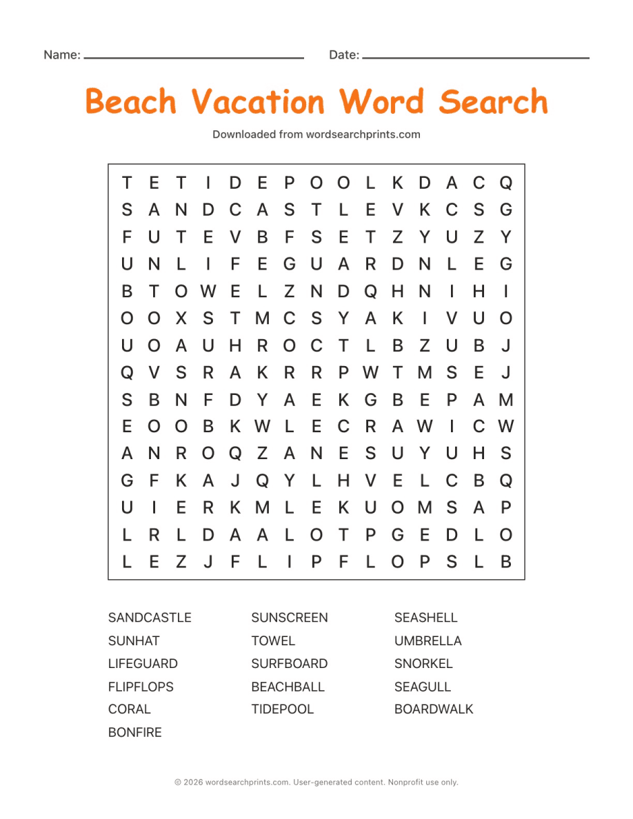 Beach Vacation Word Search printable worksheet preview