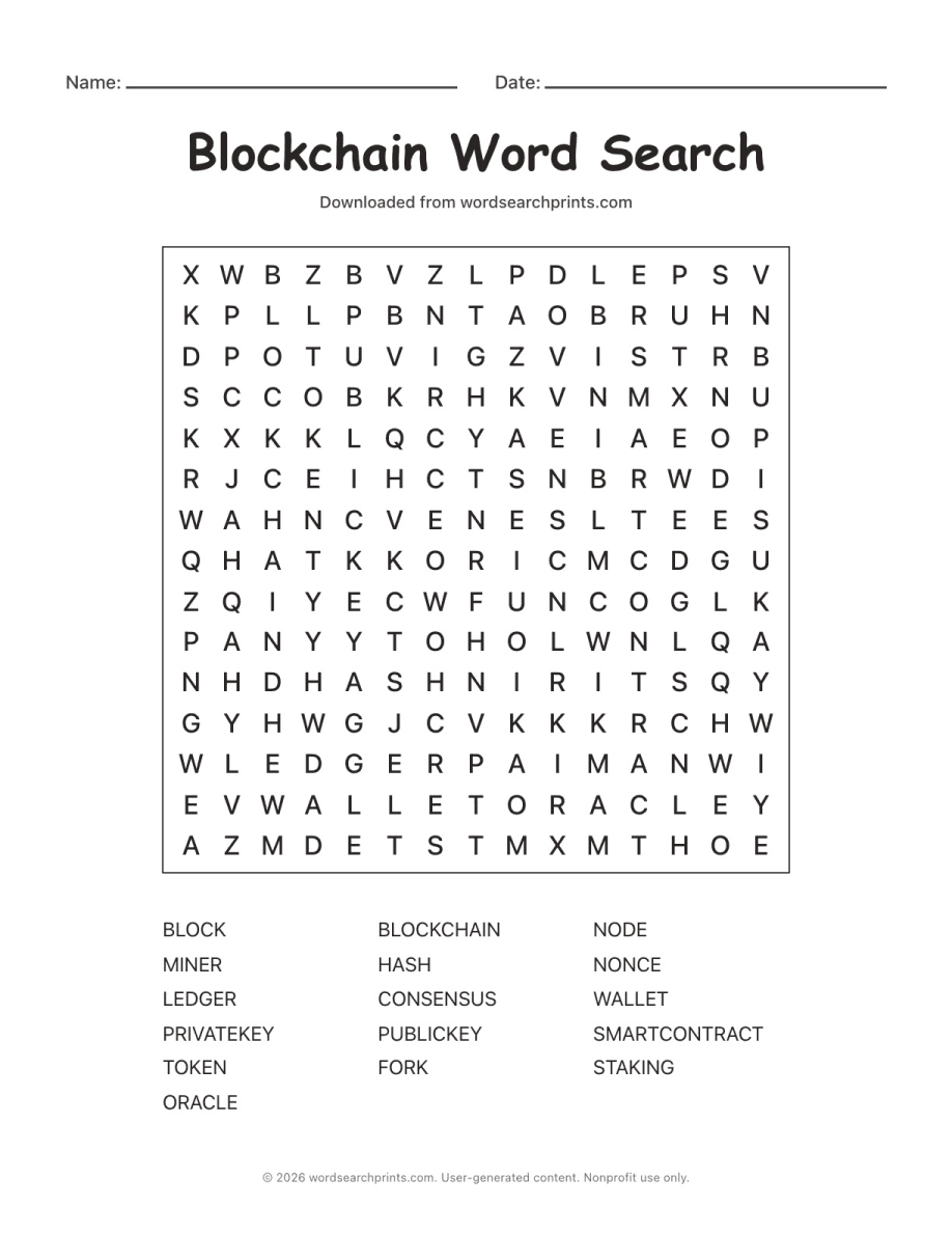 Blockchain Word Search printable worksheet preview