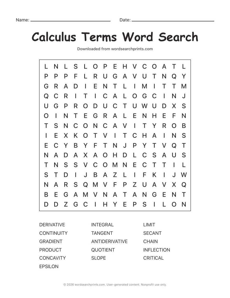 Calculus Terms Word Search printable worksheet preview