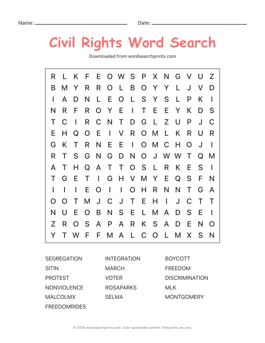 Civil Rights Word Search printable worksheet preview