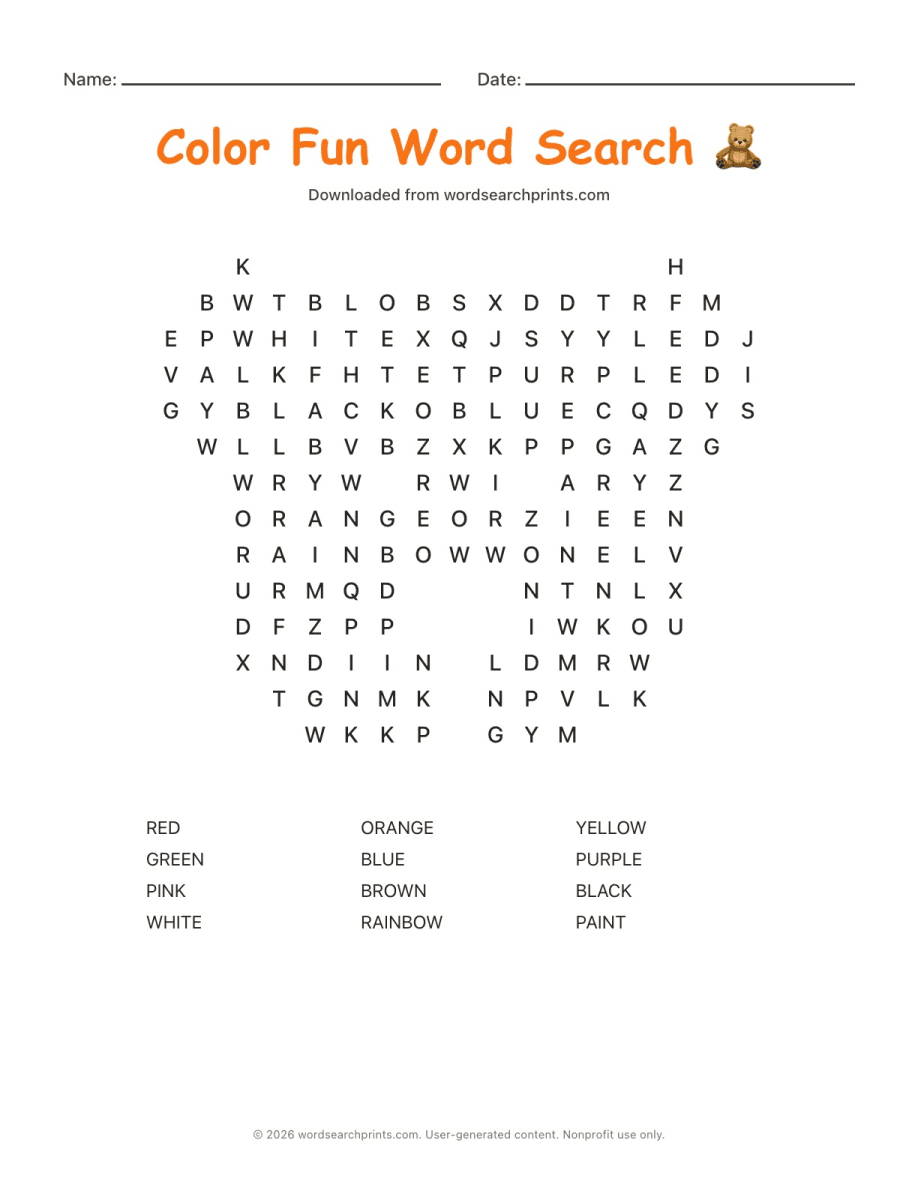 Color Fun Word Search printable worksheet preview