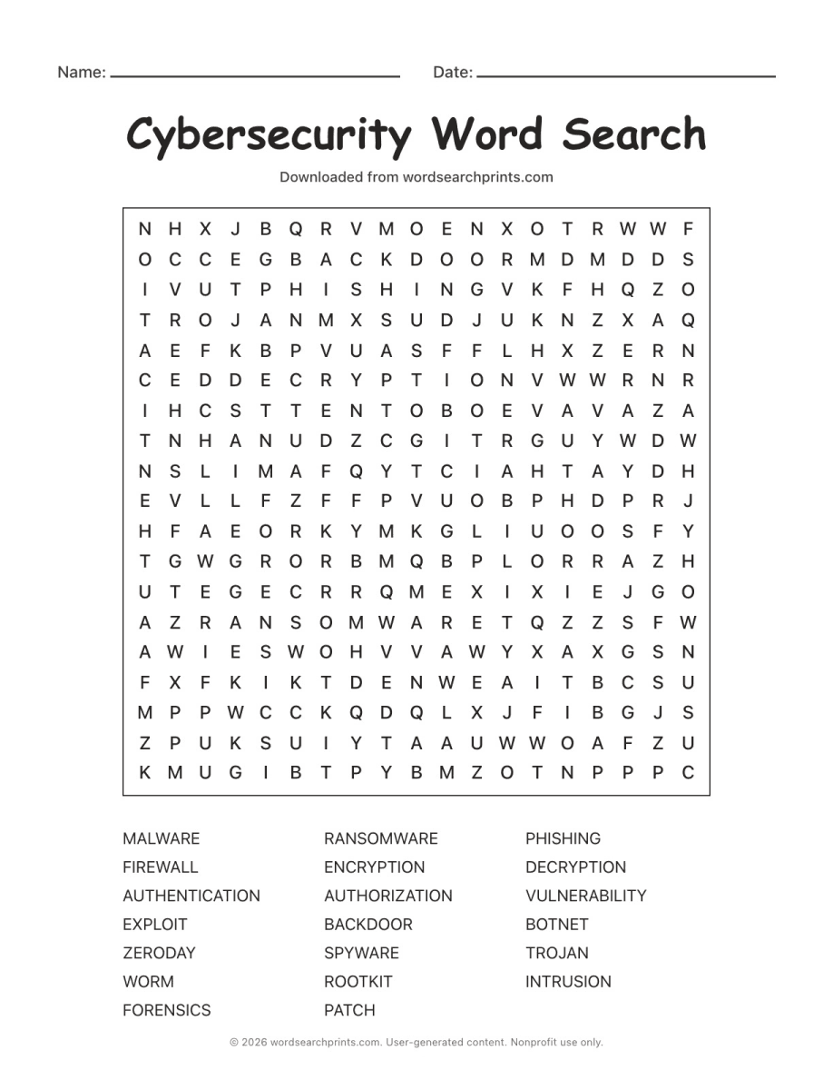 Cybersecurity Word Search printable worksheet preview