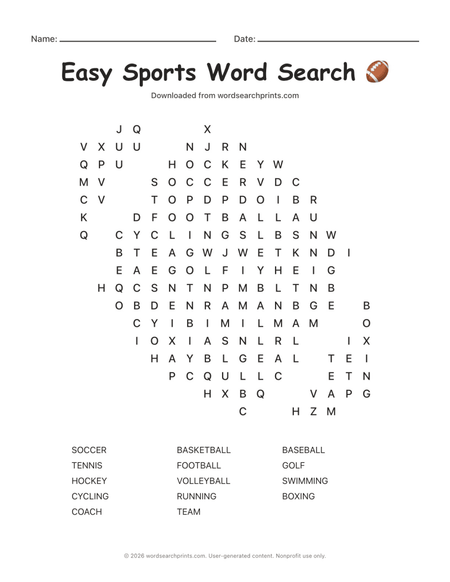 Easy Sports Word Search printable worksheet preview