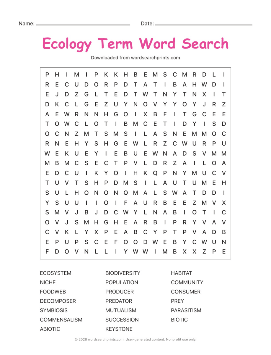 Ecology Term Word Search printable worksheet preview