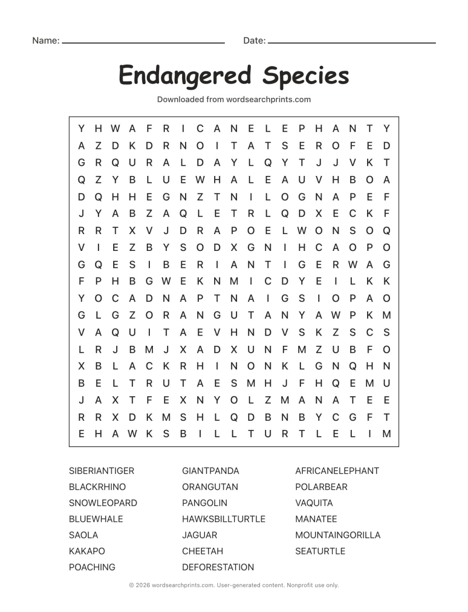 Endangered Species Word Search printable worksheet preview