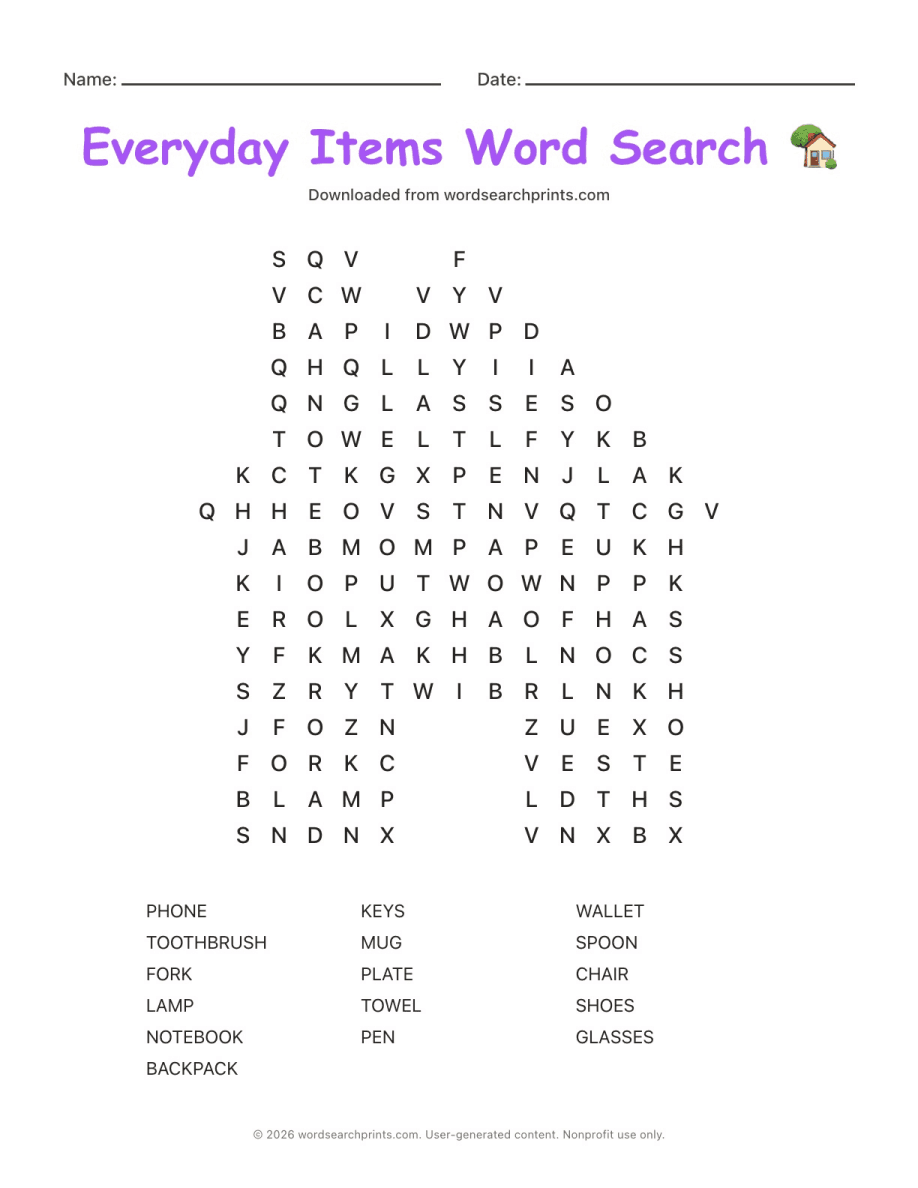 Everyday Items Word Search printable worksheet preview