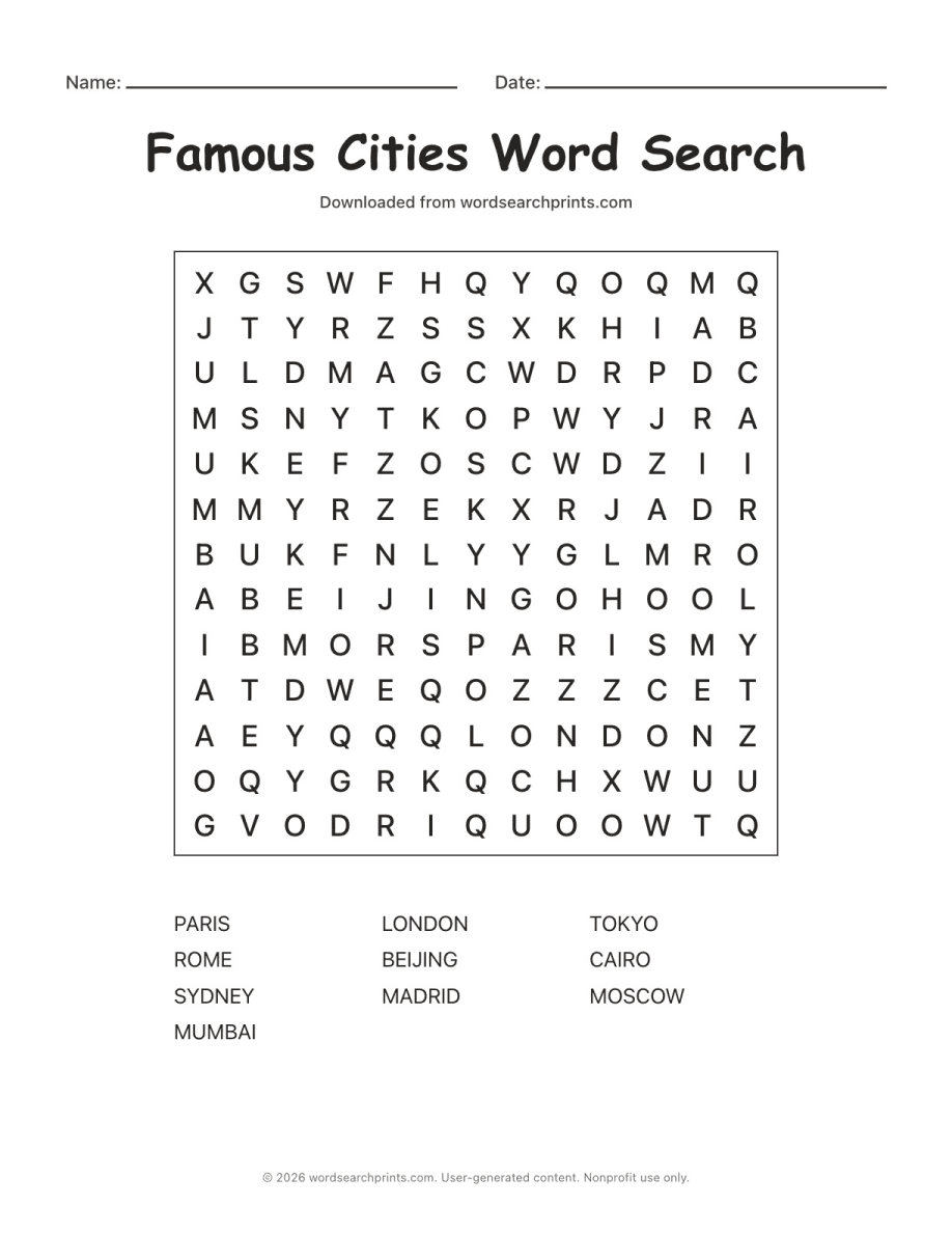 Famous Cities Word Search printable worksheet preview