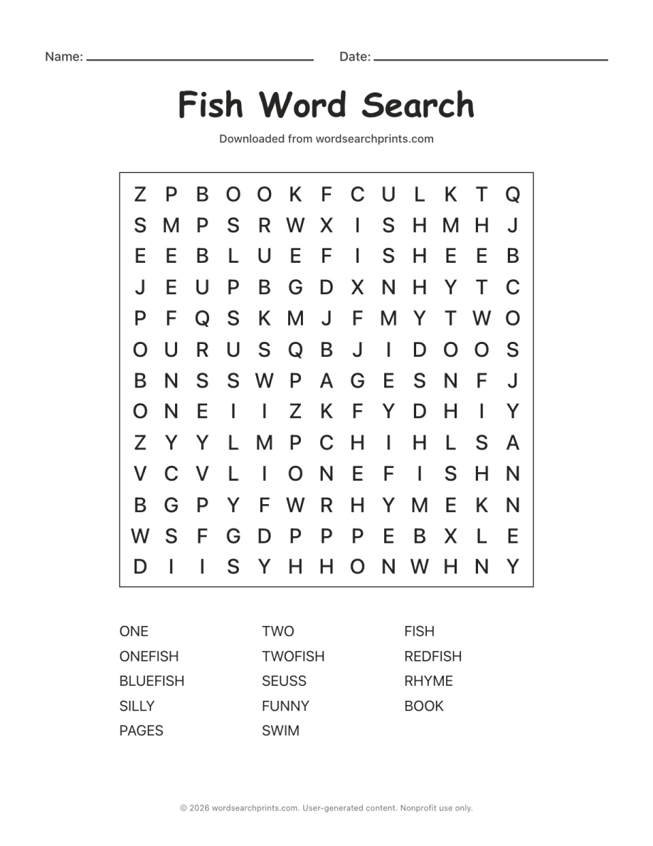 Fish Word Search printable worksheet preview