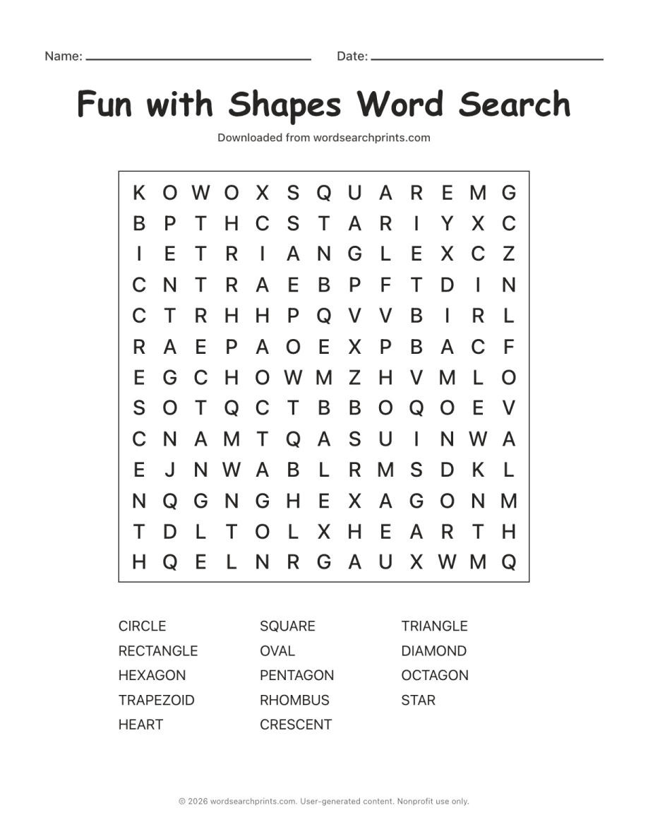 Fun with Shapes Word Search printable worksheet preview