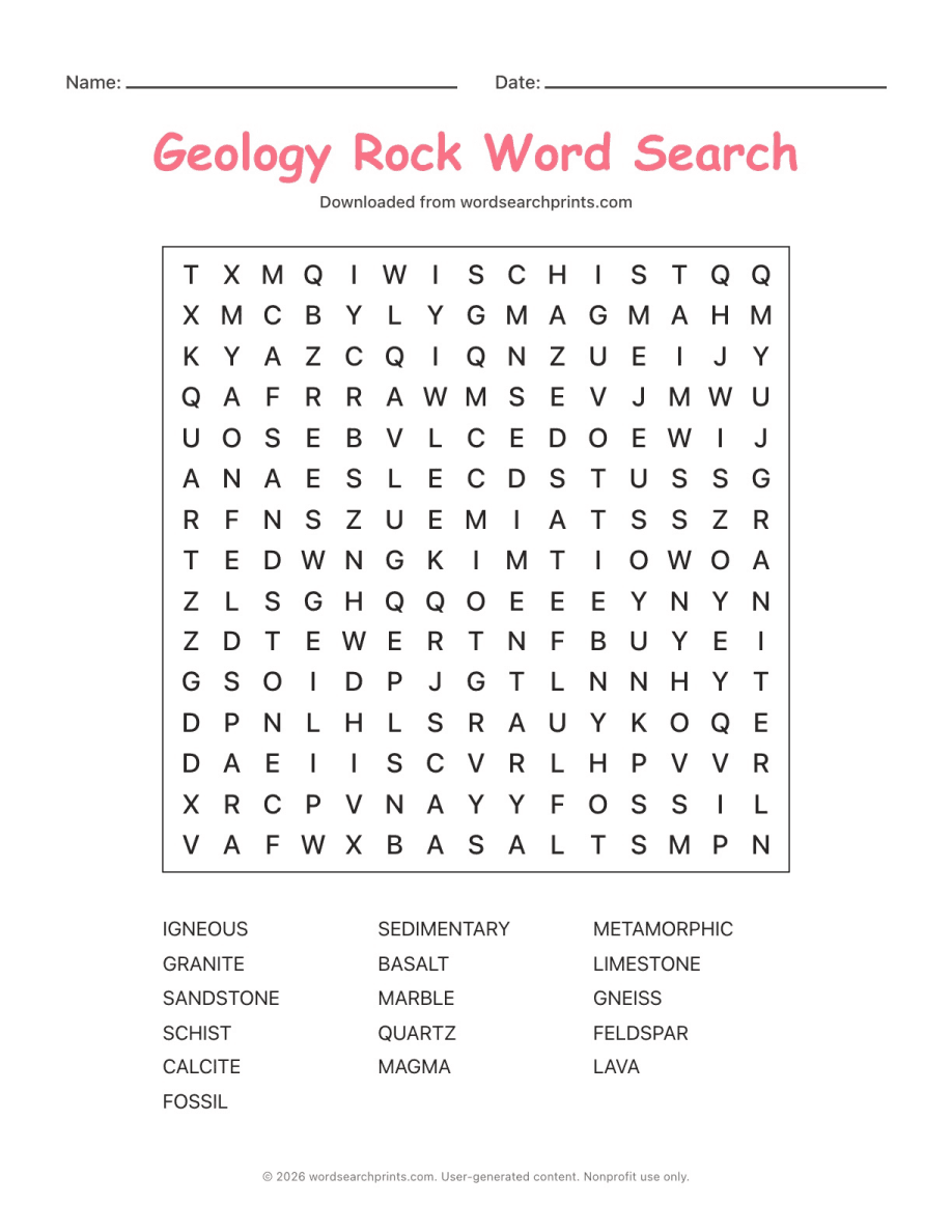 Geology Rock Word Search printable worksheet preview