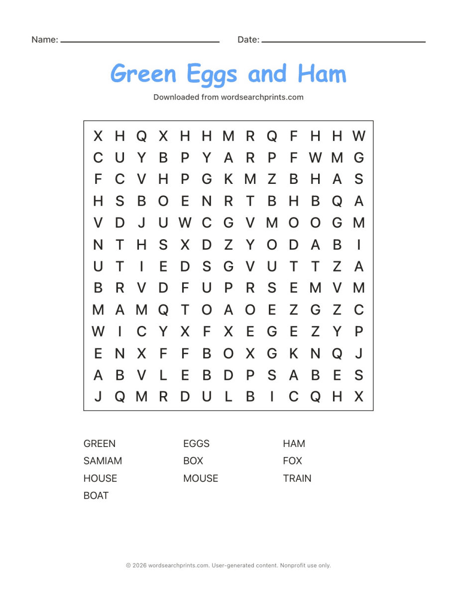 Green Eggs and Ham Word Search printable worksheet preview