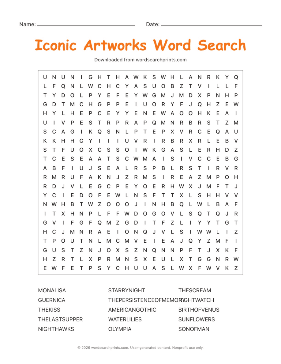 Iconic Artworks Word Search printable worksheet preview