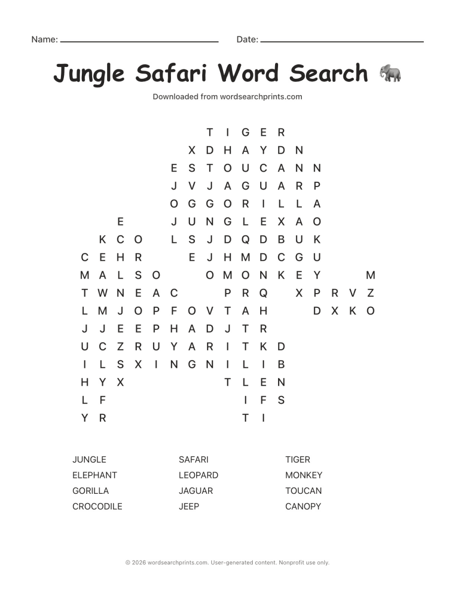 Jungle Safari Word Search printable worksheet preview