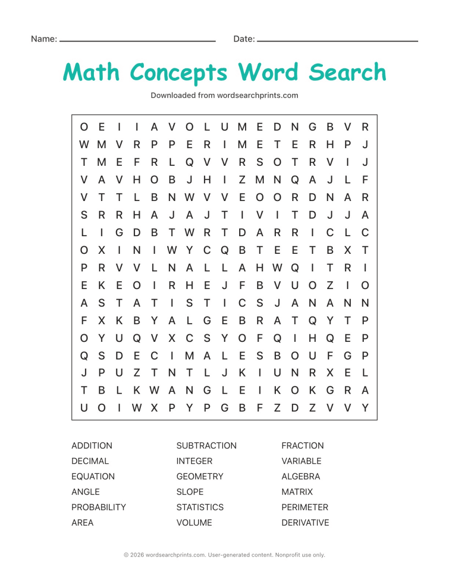 Math Concepts Word Search printable worksheet preview