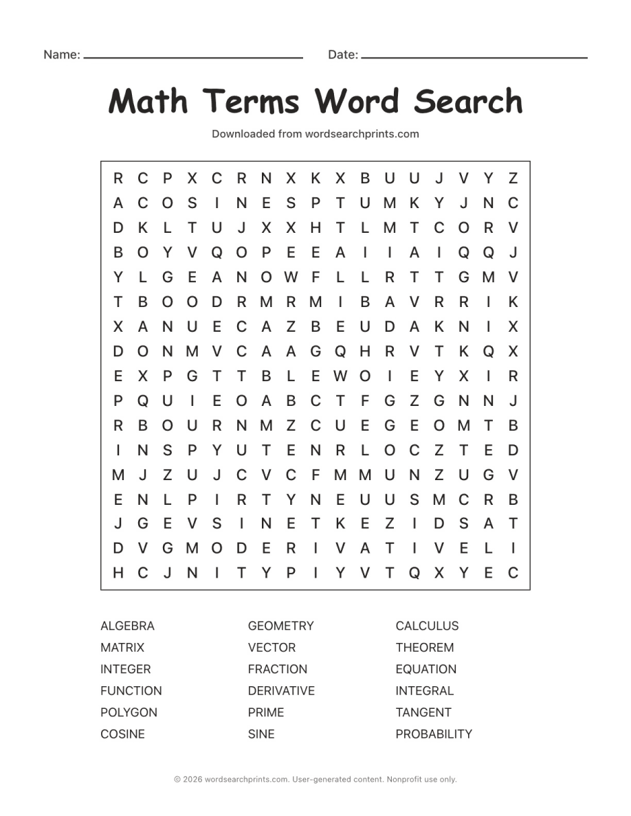 Math Terms Word Search printable worksheet preview