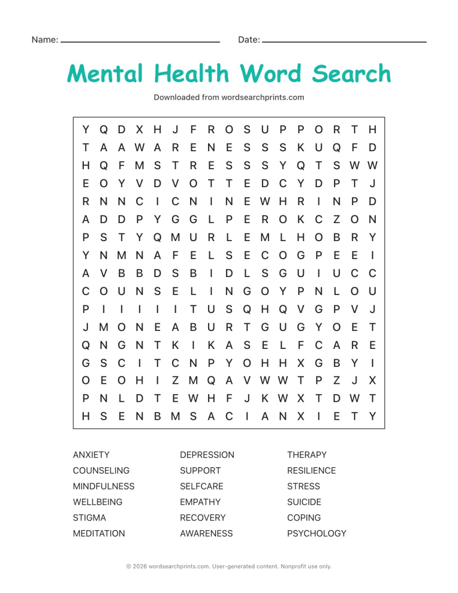 Mental Health Word Search printable worksheet preview