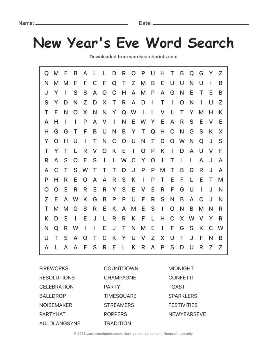New Year's Eve Word Search printable worksheet preview