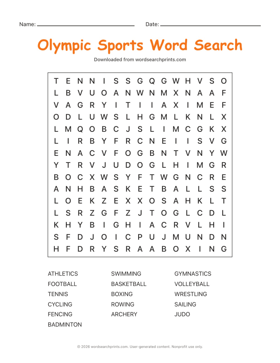Olympic Sports Word Search printable worksheet preview