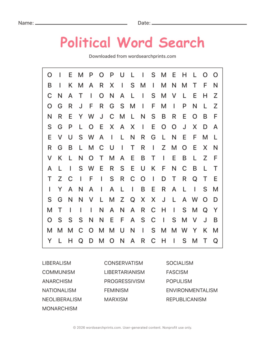 Political Word Search printable worksheet preview