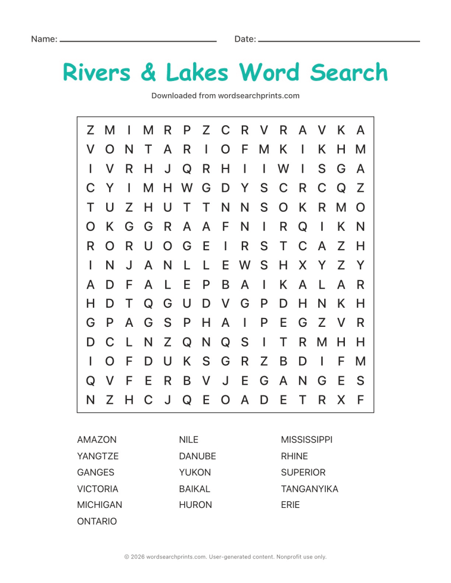 Rivers & Lakes Word Search printable worksheet preview