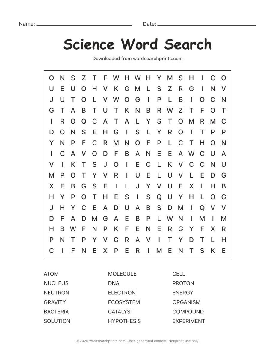 Science Word Search printable worksheet preview