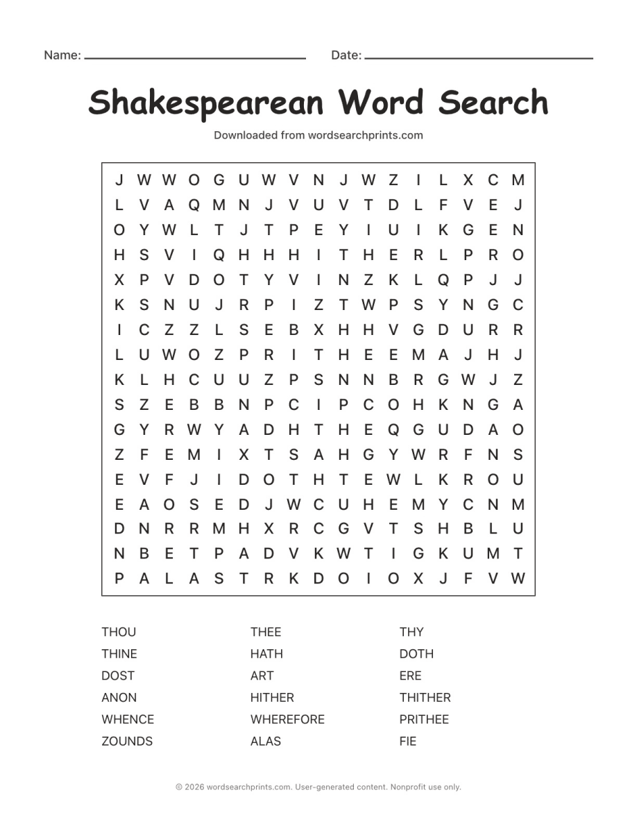 Shakespearean Word Search printable worksheet preview