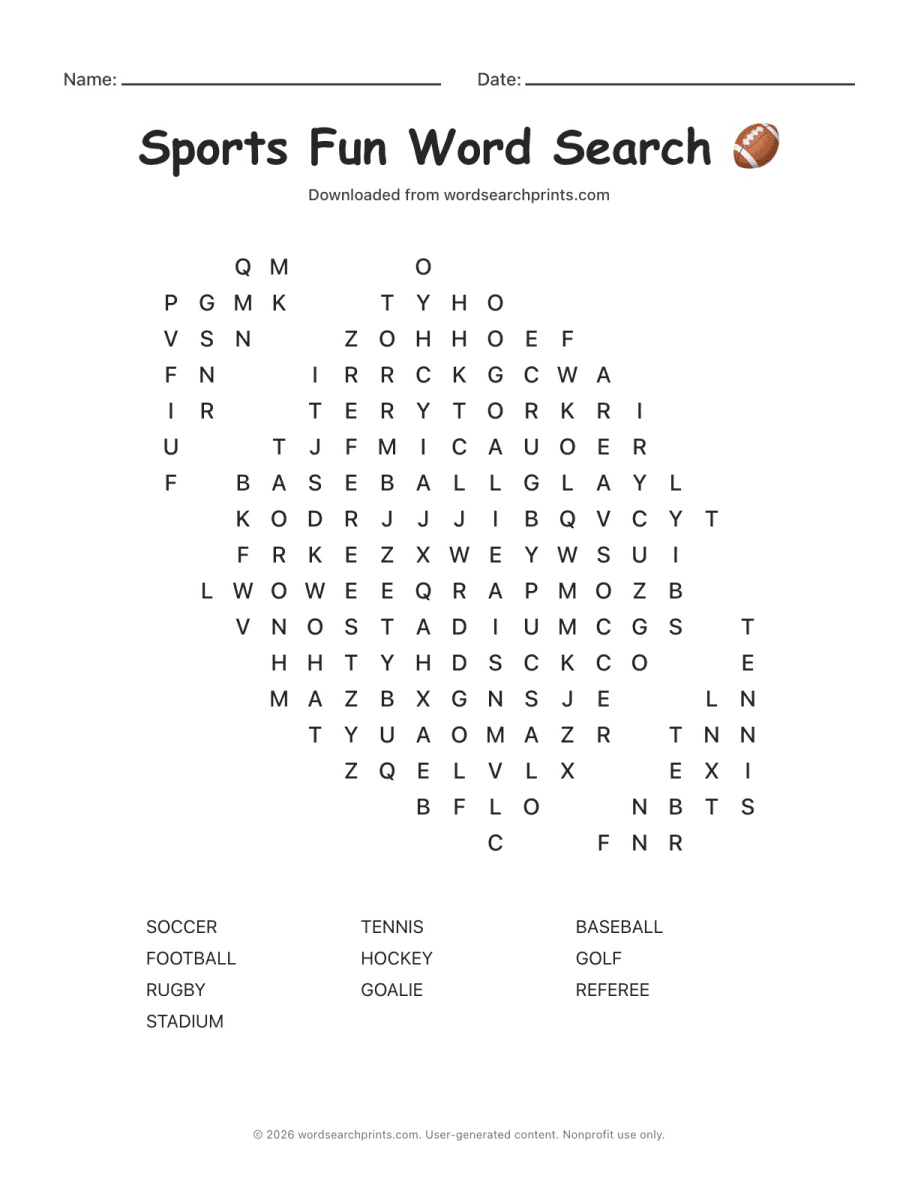 Sports Fun Word Search printable worksheet preview