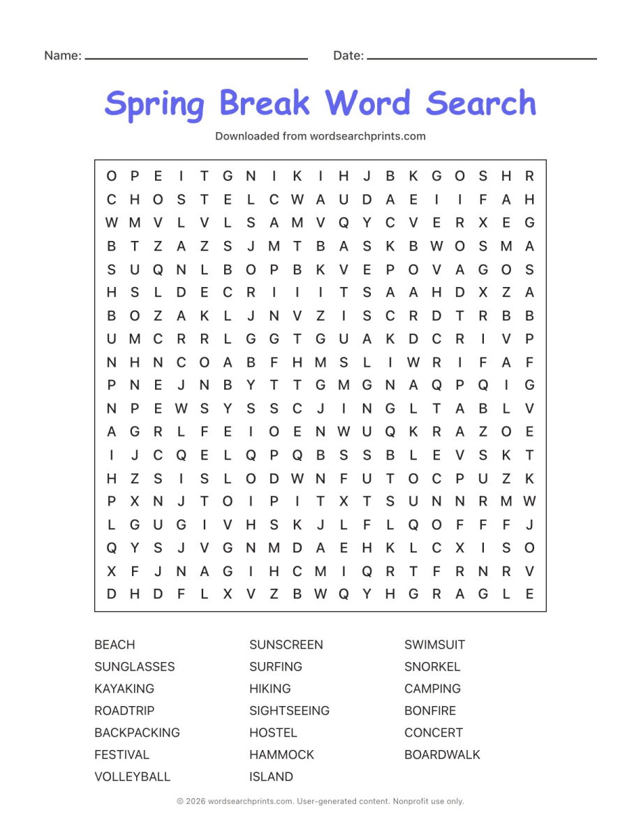 Spring Break Word Search printable worksheet preview