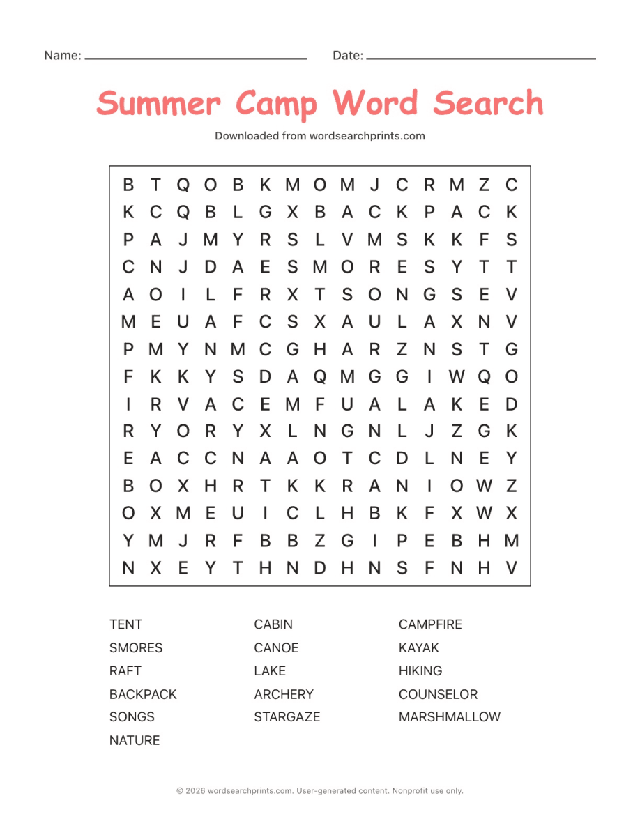 Summer Camp Word Search printable worksheet preview