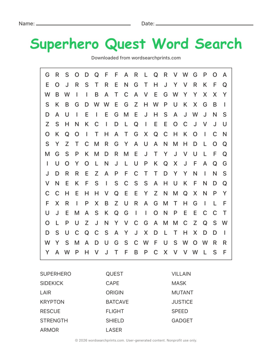 Superhero Quest Word Search printable worksheet preview
