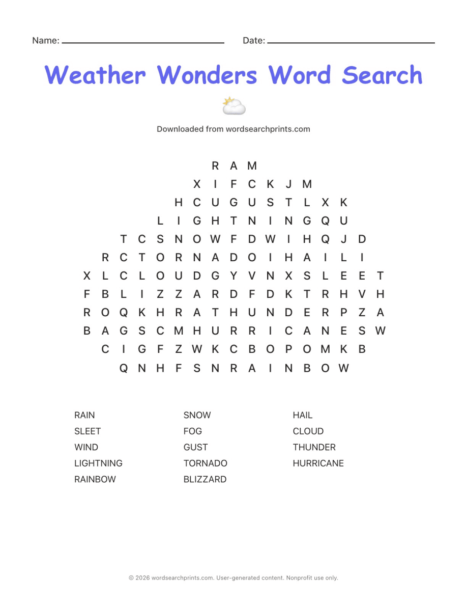 Weather Wonders Word Search printable worksheet preview