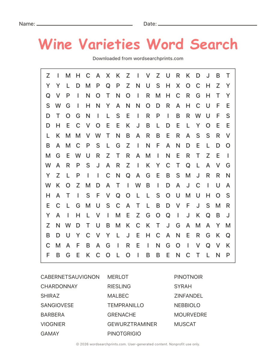 Wine Varieties Word Search printable worksheet preview