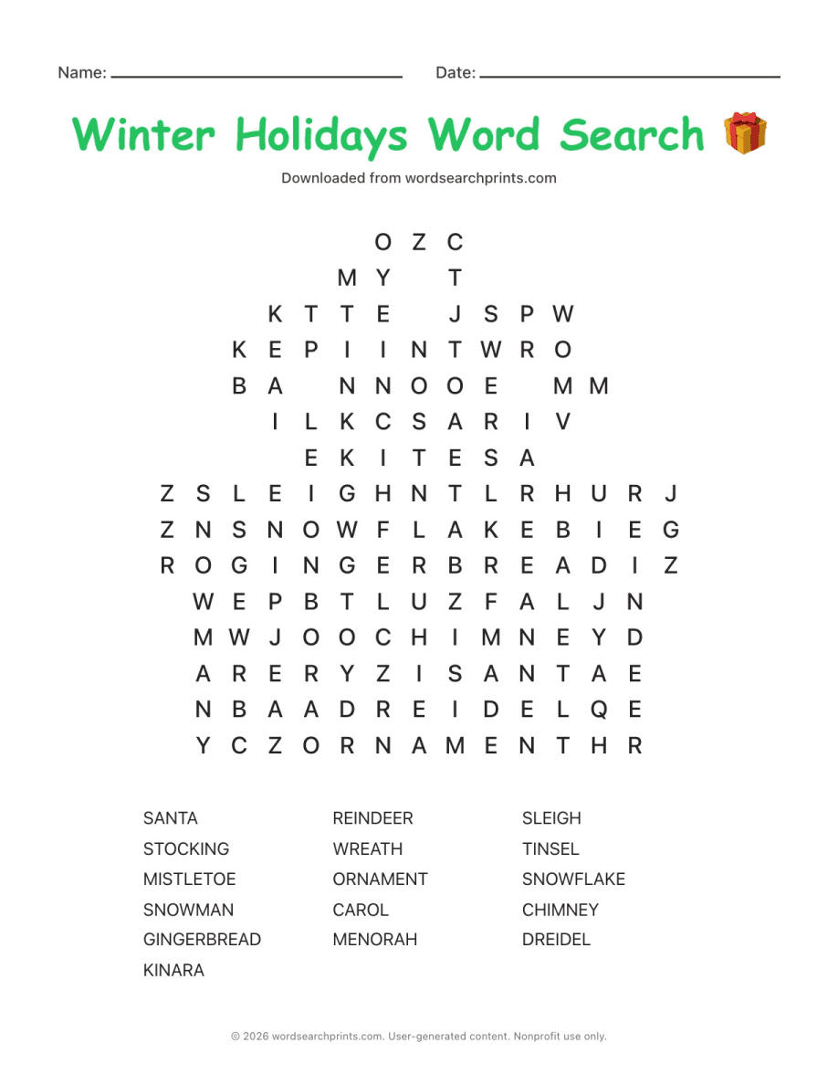 Winter Holidays Word Search printable worksheet preview