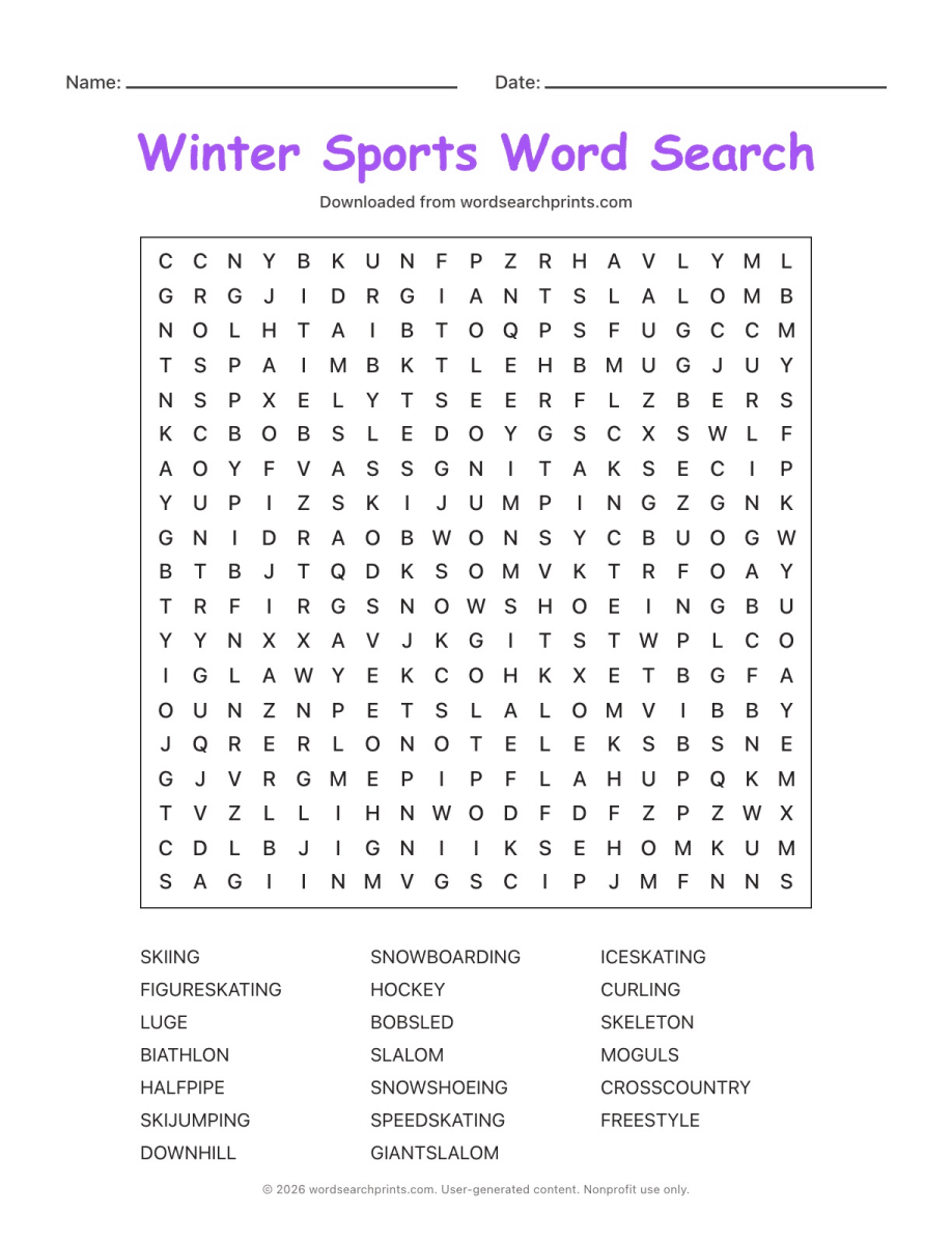 Winter Sports Word Search printable worksheet preview