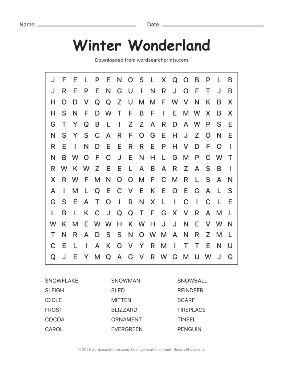 Winter Wonderland Word Search printable worksheet preview