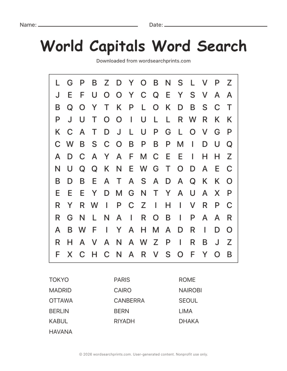 World Capitals Word Search printable worksheet preview