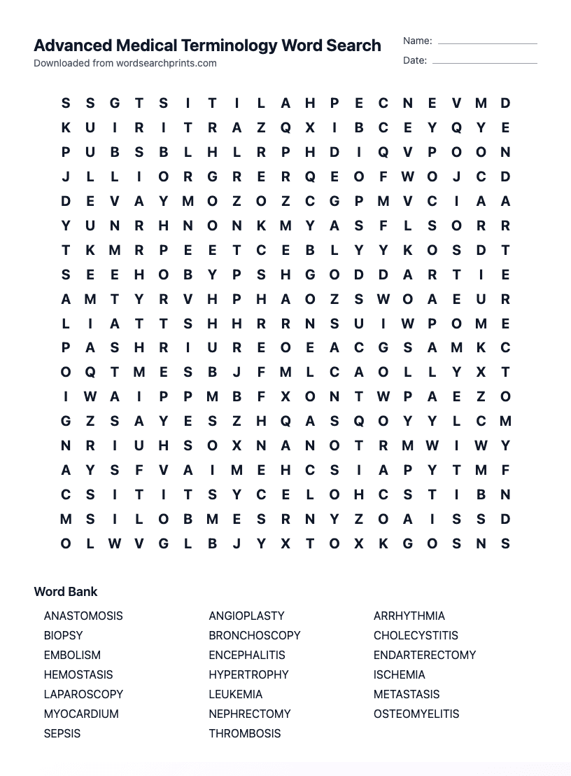 Advanced Medical Terminology Word Search