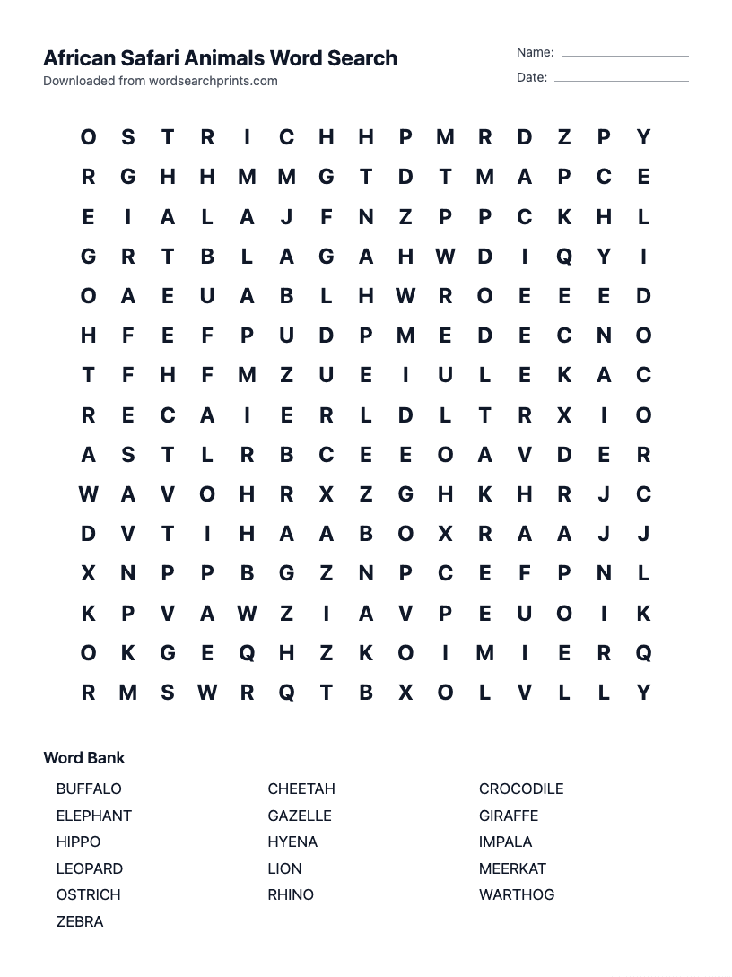 African Safari Animals Word Search