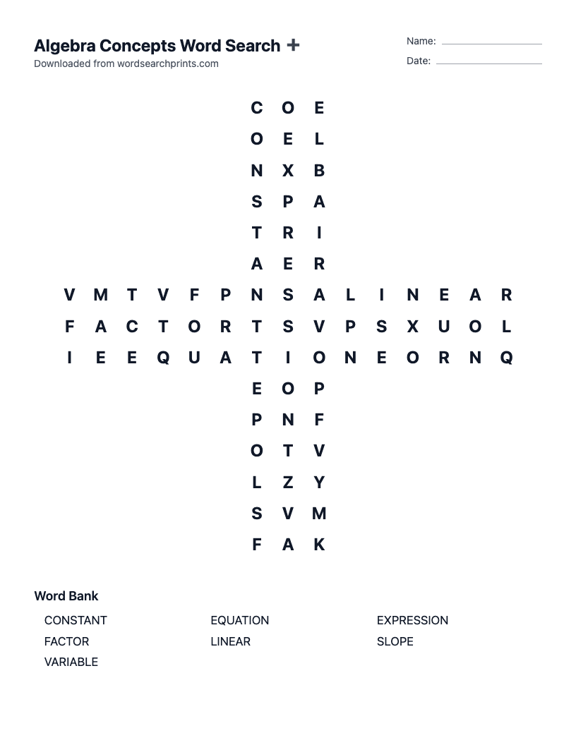 Algebra Concepts Word Search