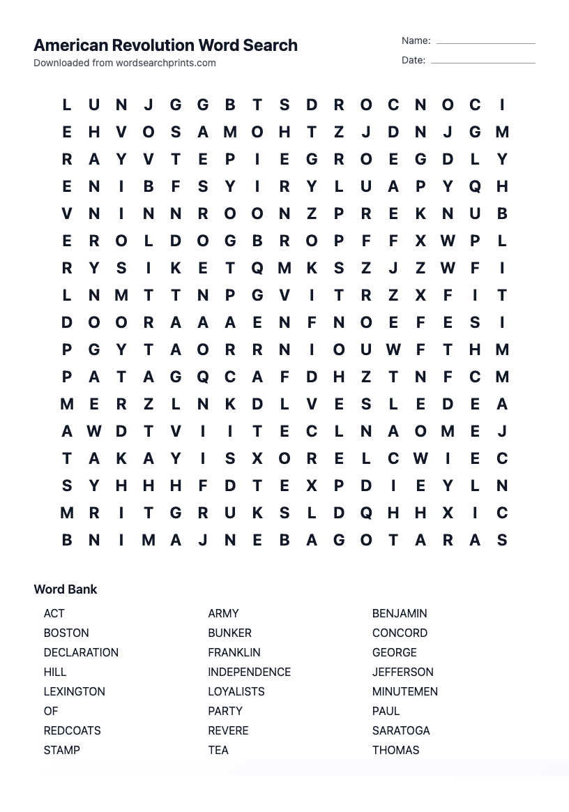 American Revolution Word Search