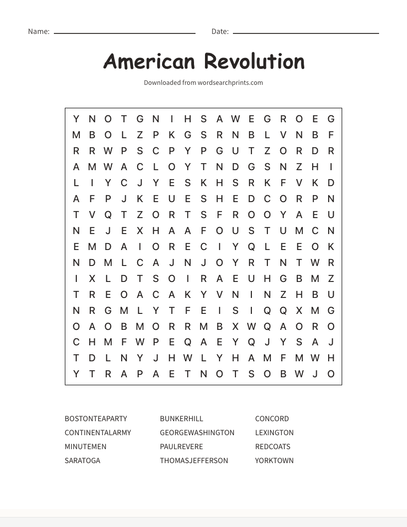 American Revolution Word Search