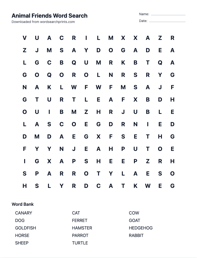 Animal Friends Word Search