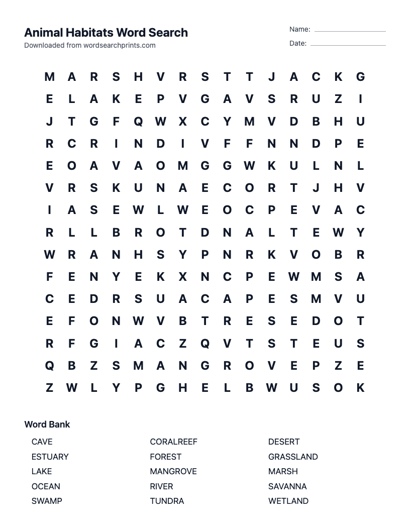 Animal Habitats Word Search
